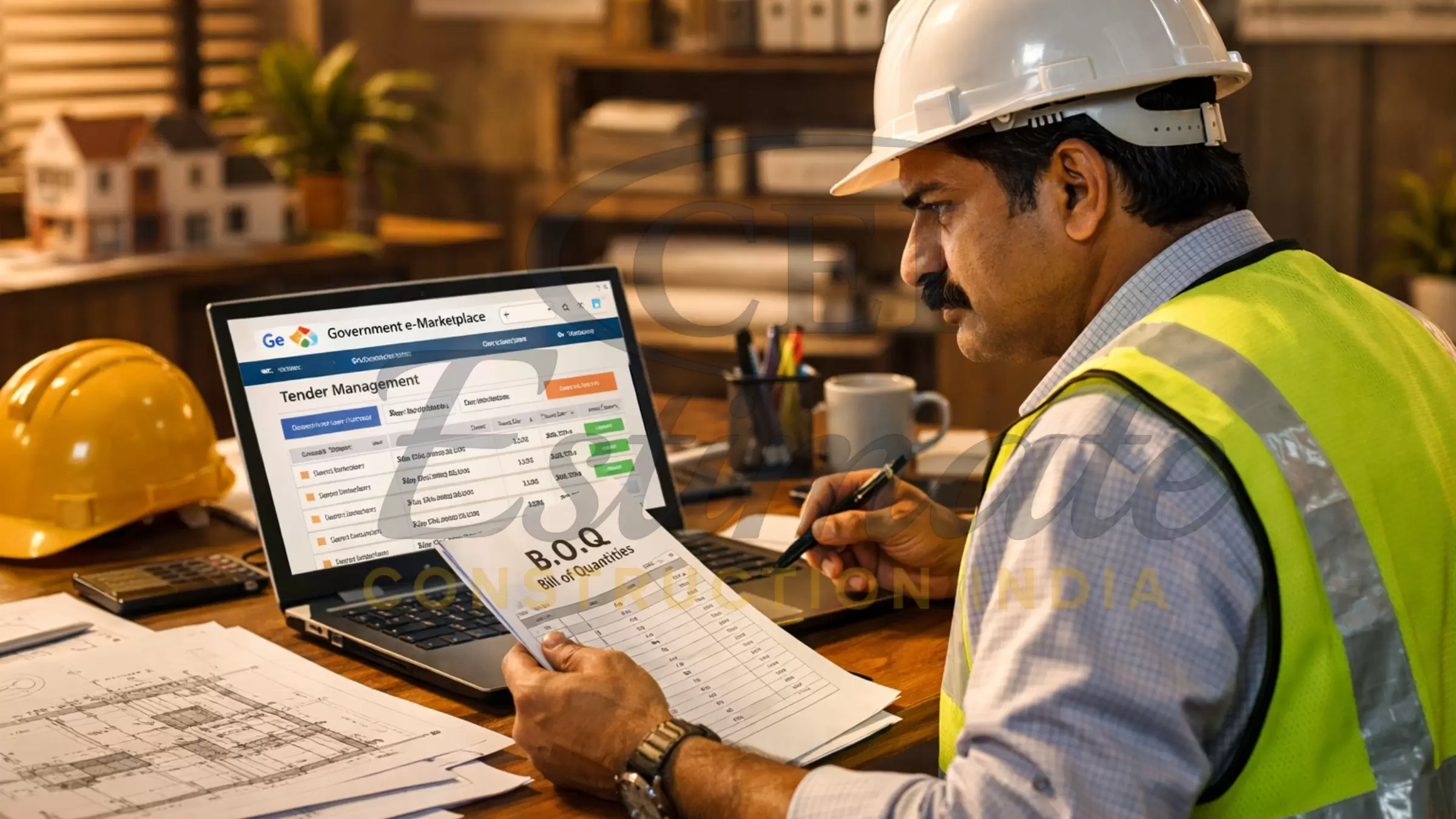 Indian contractor reviewing tender documents on GeM portal 2026