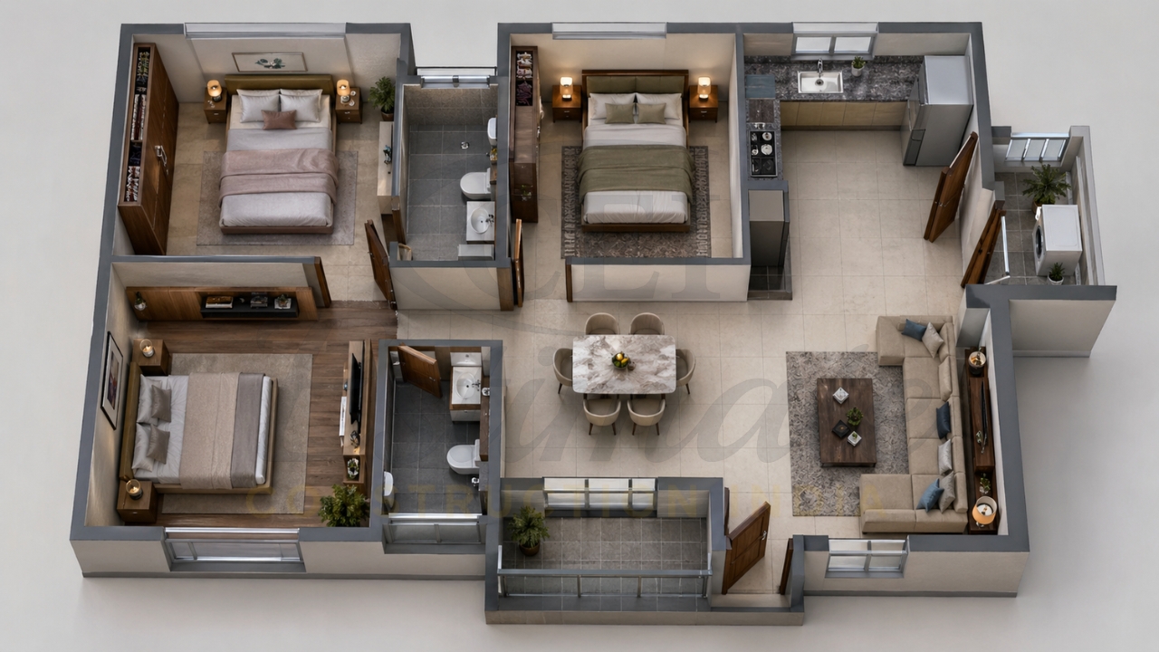 3BHK house plan layout showing three bedrooms, living room, dining area, kitchen, bathrooms, and balcony.
