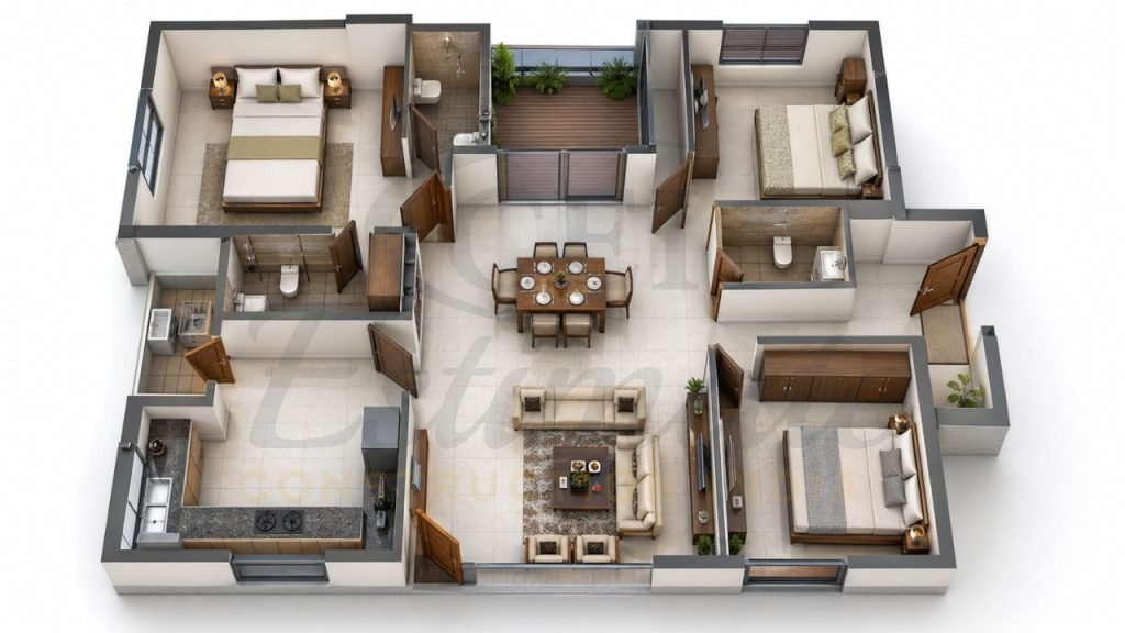 1000 to 1200 Sq Ft 3BHK House Plans