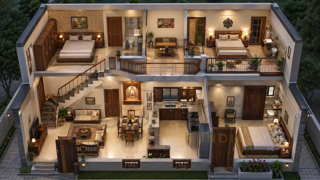 Modern 3BHK duplex house interior layout with bedrooms, living room, kitchen, dining area, staircase, and balcony.