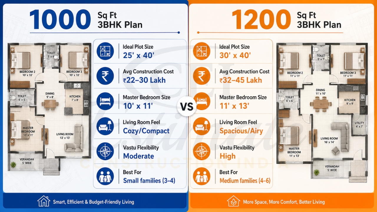 1000 vs 1200 sq ft 3BHK house plan comparison showing layout, room sizes, cost, and suitability for families.