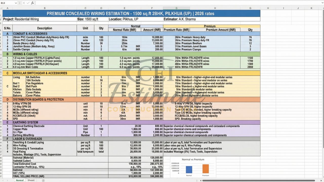 Premium concealed wiring estimation 1500 sq ft 2BHK house Pilkhuwa UP with conduit wiring, cables, switchgear, DB, earthing and total cost