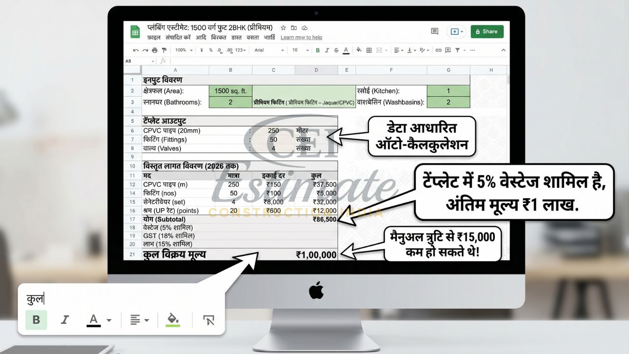 1500 वर्ग फुट 2BHK घर के लिए प्लंबिंग एस्टीमेट एक्सेल शीट जिसमें ऑटो कैलकुलेशन, CPVC पाइप, फिटिंग्स, GST और कुल लागत ₹1 लाख दिखाया गया है