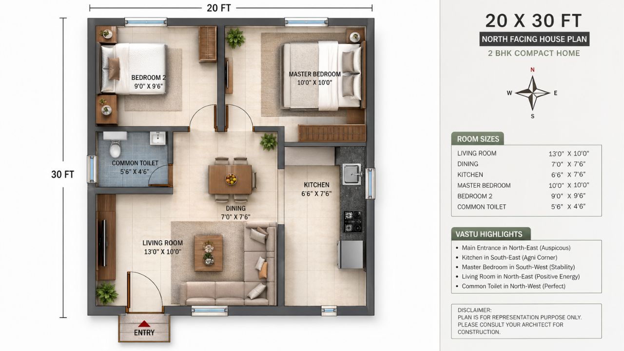 20x30 house plan 2bhk india north facing compact home layout with dimensions