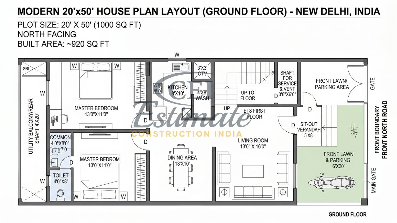 20x50 house plan India 1000 sq ft north facing ground floor layout New Delhi with 2 bedroom kitchen living parking