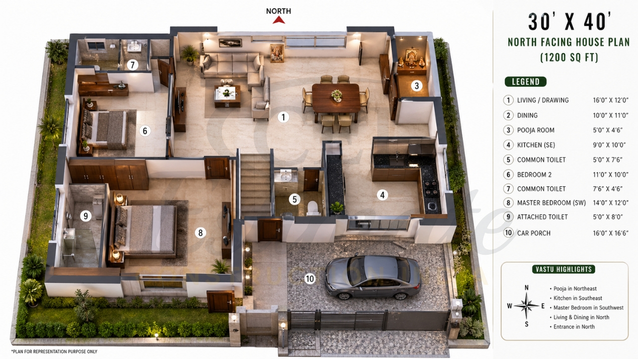 30x40 north-facing house plan showing 2 bedrooms, living room, kitchen, dining, pooja room, toilets, and car parking layout.