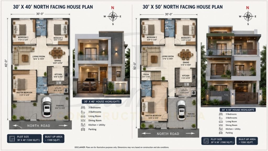 30x40 & 30x50 North Facing House Plans