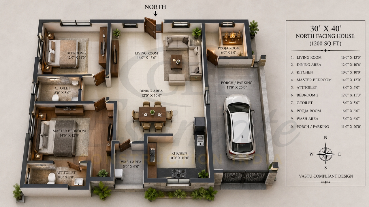 30x40 north-facing house plan with 2 bedrooms, living room, dining area, kitchen, pooja room, toilets, wash area, and car parking.