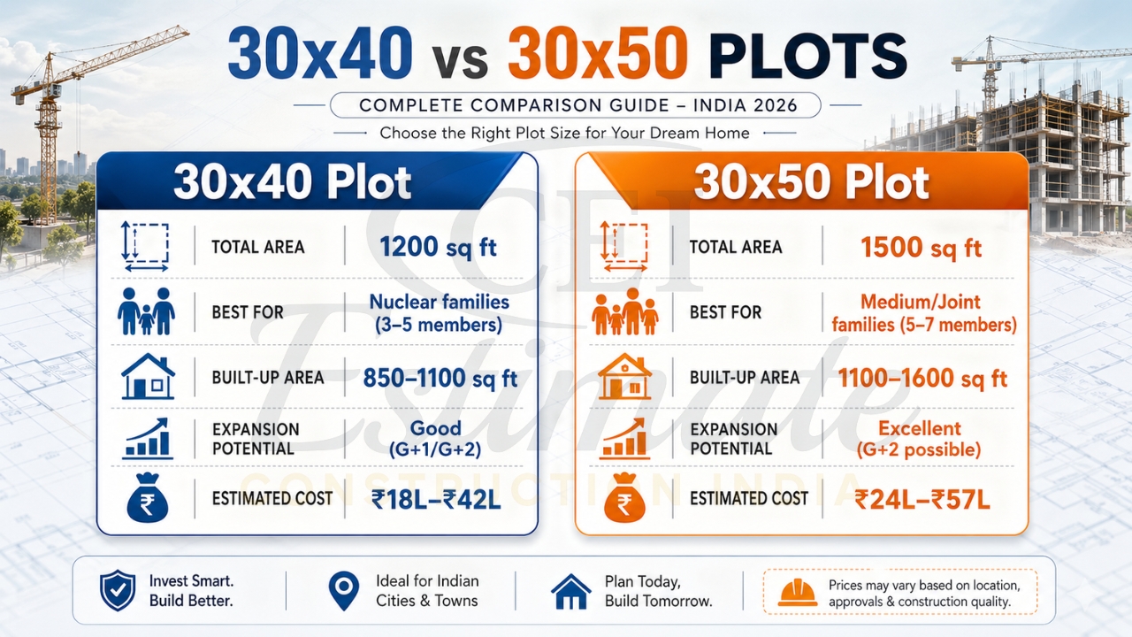30x40 vs 30x50 plot comparison showing area, built-up space, family suitability, expansion potential, and estimated construction cost in India.