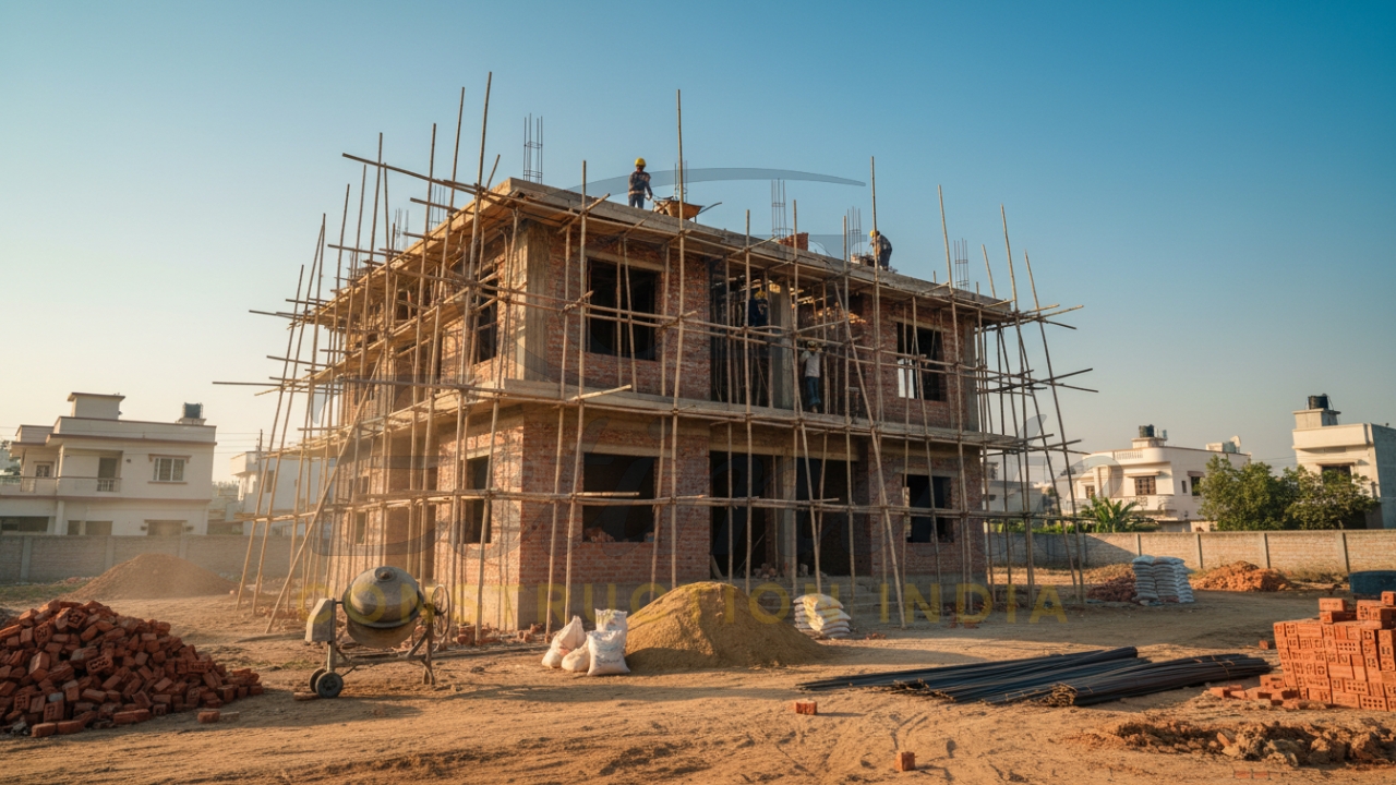 30x40 house construction in progress with brickwork, scaffolding, and workers on site.