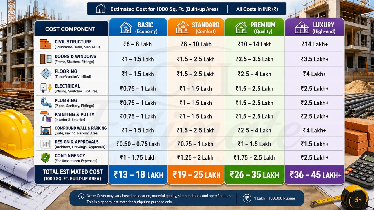 Estimated construction cost for 1000 sq ft house in India with basic, standard, premium, and luxury pricing.