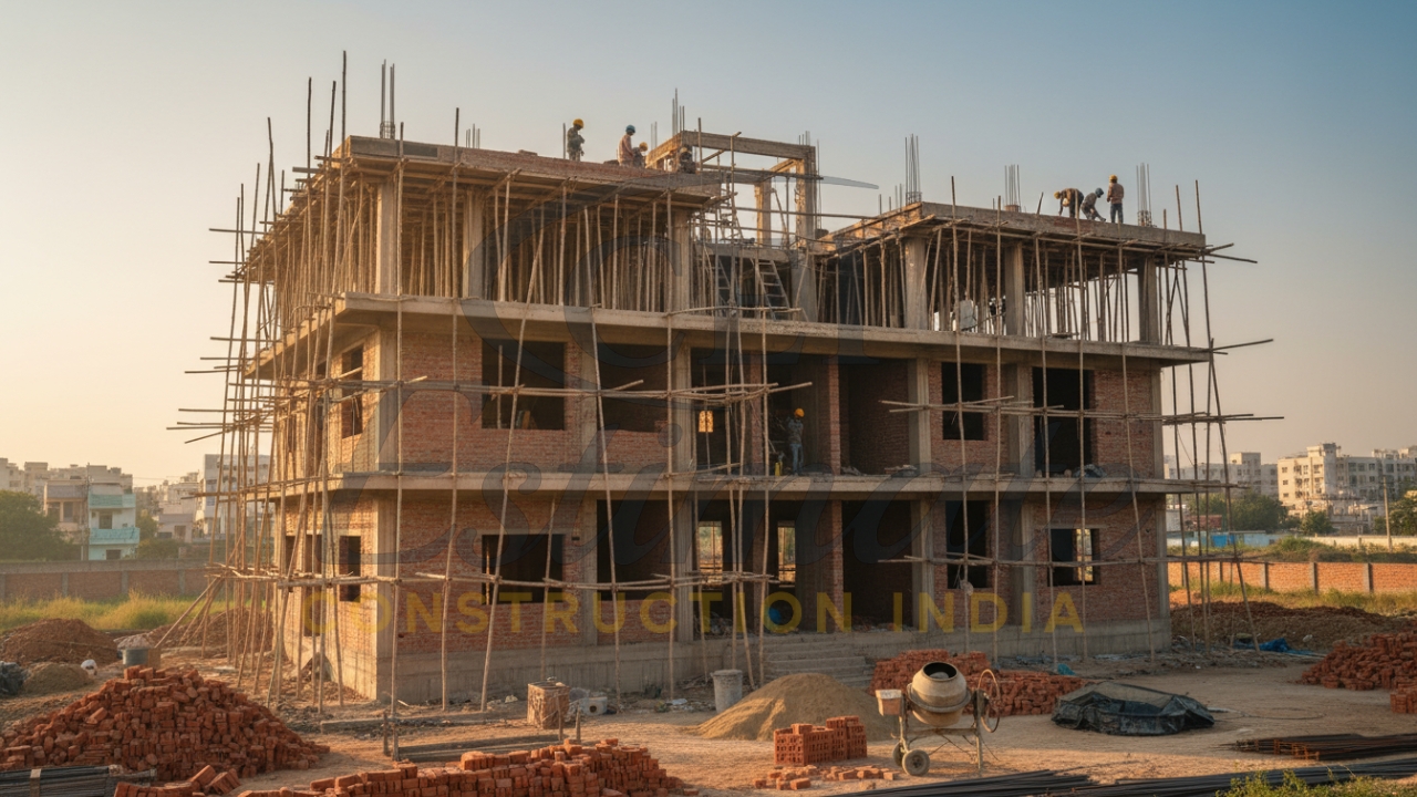 Multi-storey house construction with scaffolding, brickwork, and workers on site.
