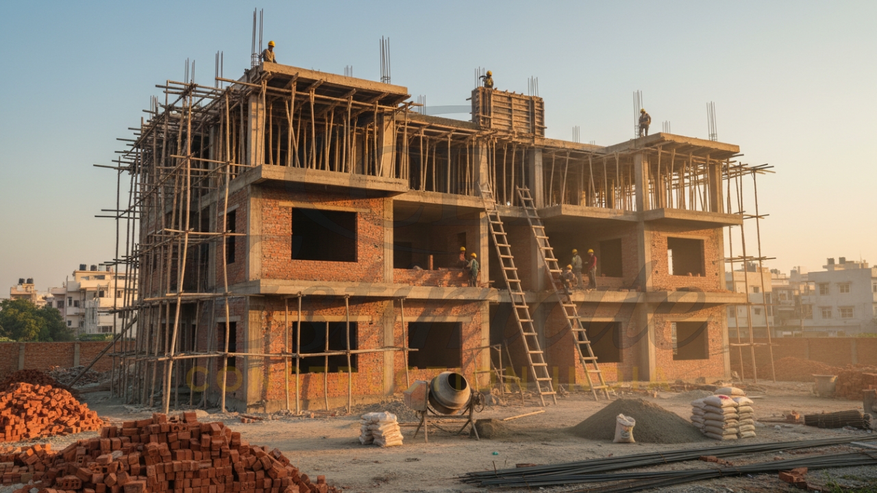 Multi-storey residential building under construction with workers, scaffolding, and materials.