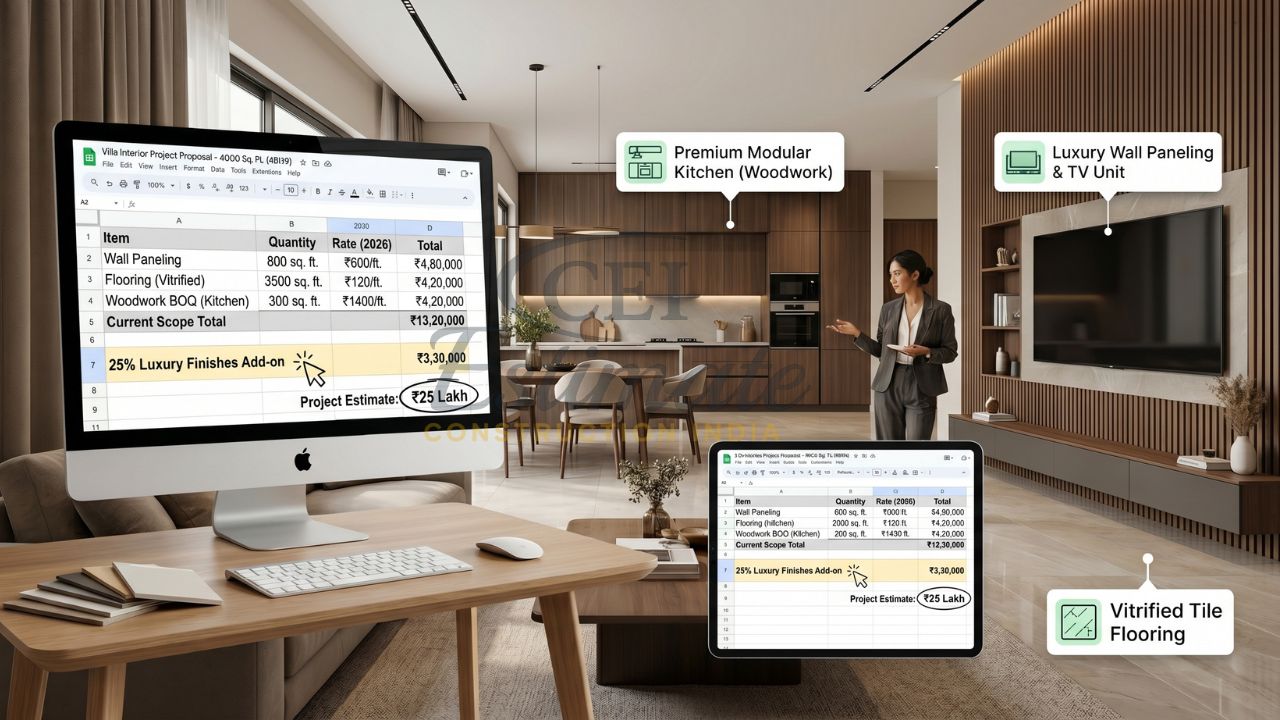 4000 स्क्वायर फीट 4BHK विला इंटीरियर BOQ एक्सेल जिसमें वॉल पैनलिंग, फ्लोरिंग, किचन वुडवर्क और ₹25 लाख का प्रोजेक्ट अनुमान दिखाया गया है