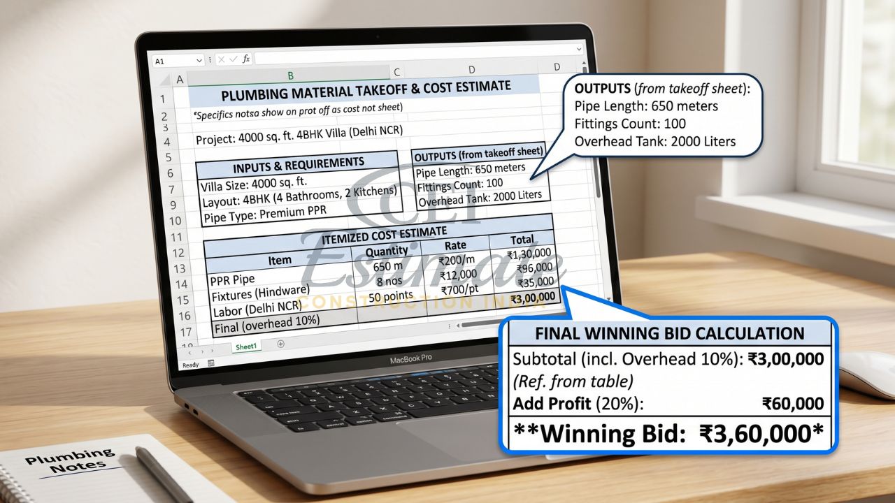 4000 वर्ग फुट 4BHK विला के लिए प्लंबिंग मटेरियल टेकऑफ और कॉस्ट एस्टीमेट एक्सेल शीट जिसमें पाइप लंबाई, फिटिंग्स और फाइनल बिड ₹3.6 लाख दिखाया गया है