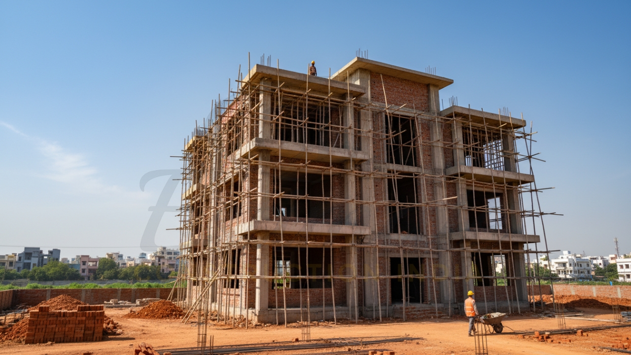 Multi-storey residential building under construction with scaffolding and workers on site.