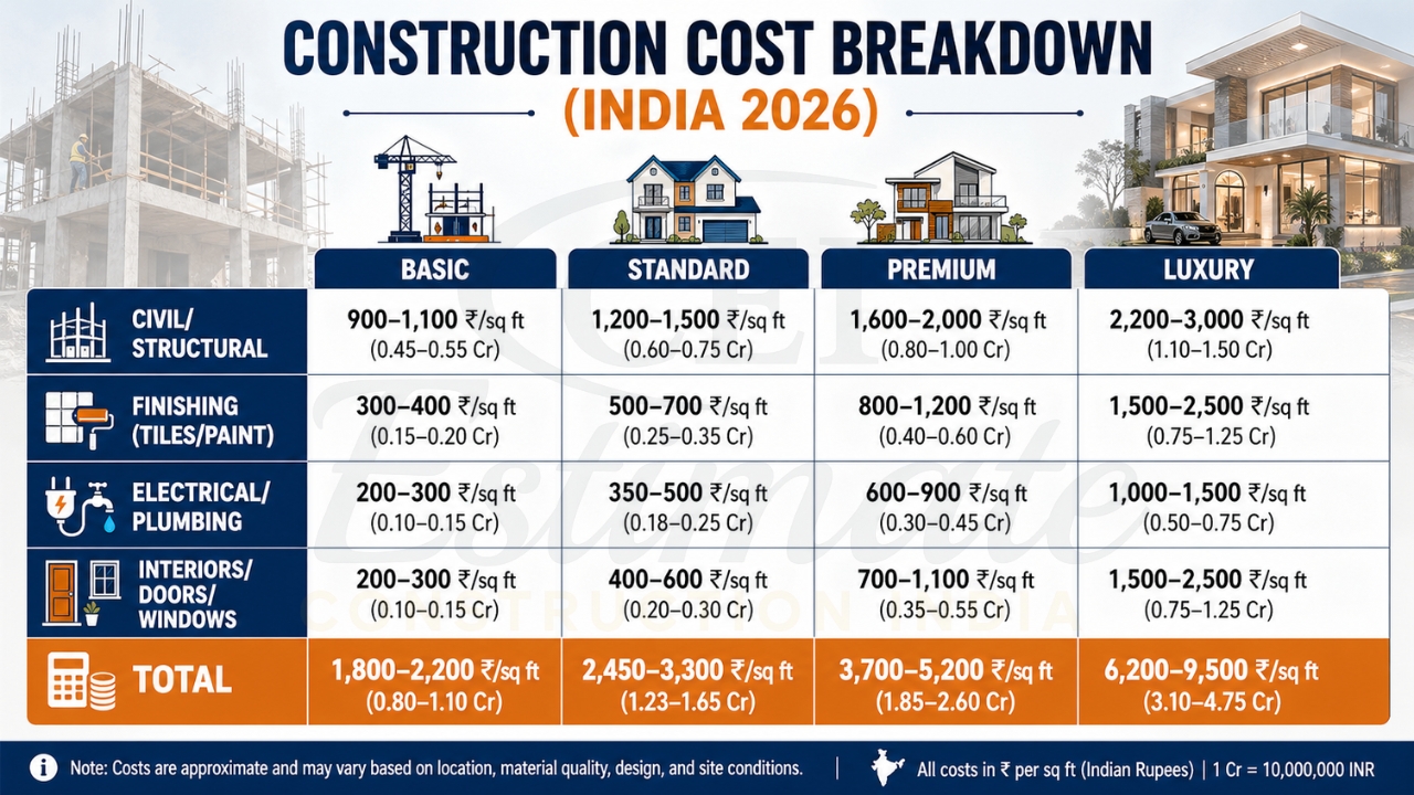 Construction cost breakdown India 2026 showing basic, standard, premium, and luxury cost per sq ft.