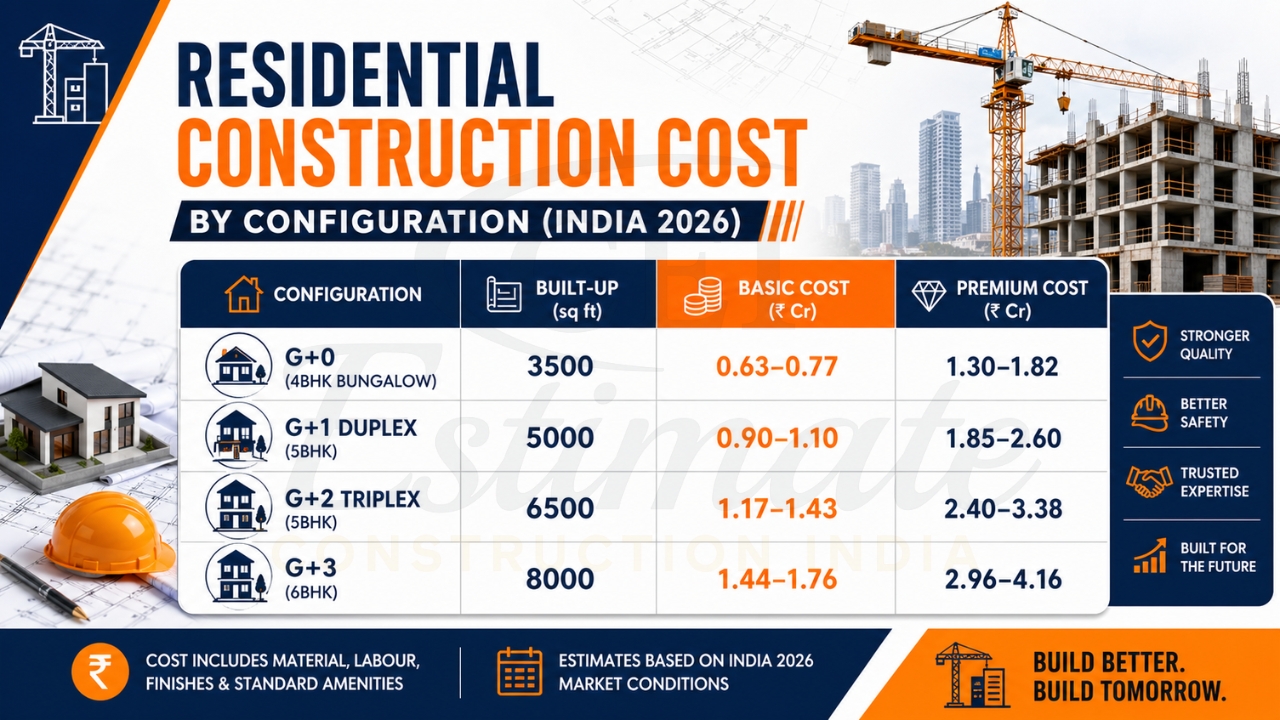 Residential construction cost by configuration India 2026 showing G+0, G+1, G+2, and G+3 pricing.