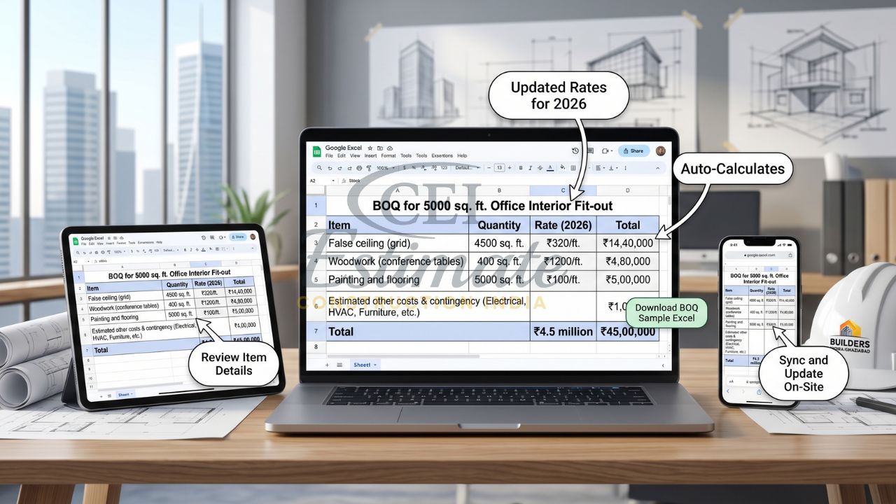 5000 स्क्वायर फीट ऑफिस इंटीरियर फिट-आउट BOQ एक्सेल जिसमें फॉल्स सीलिंग, वुडवर्क, पेंटिंग और कुल लागत ₹45 लाख दिखाया गया है