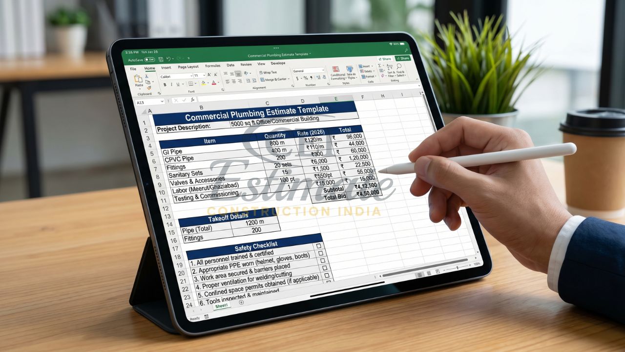 कमर्शियल प्लंबिंग एस्टीमेट एक्सेल टेम्पलेट जिसमें GI पाइप, CPVC पाइप, फिटिंग्स, लेबर और कुल लागत ₹4.5 लाख दिखाया गया है