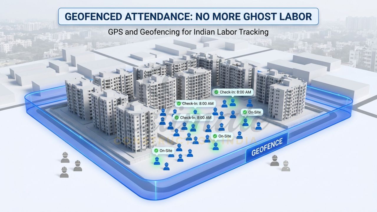 An aerial view of a construction site with a translucent blue "Geofence" perimeter, showing digital markers for workers as they clock in via their mobile apps.
