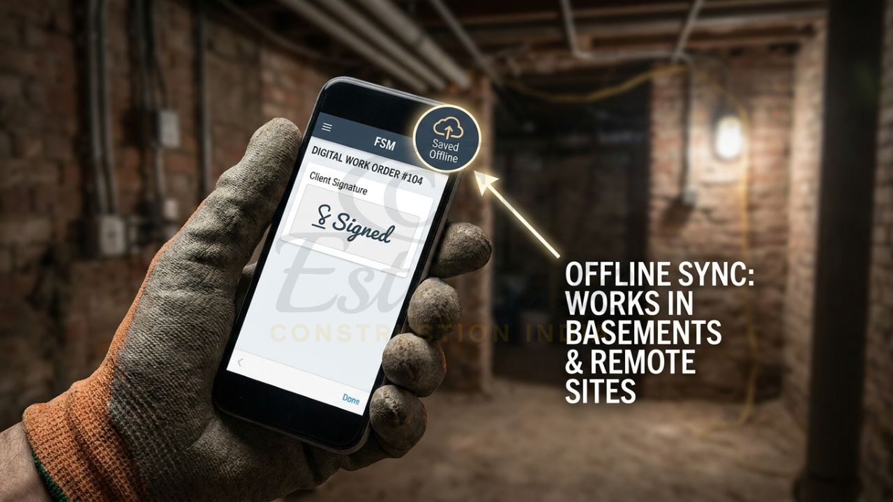 A site engineer in a tier-2 city using a mobile FSM app to upload site photos and verify digital work orders even with spotty connectivity.