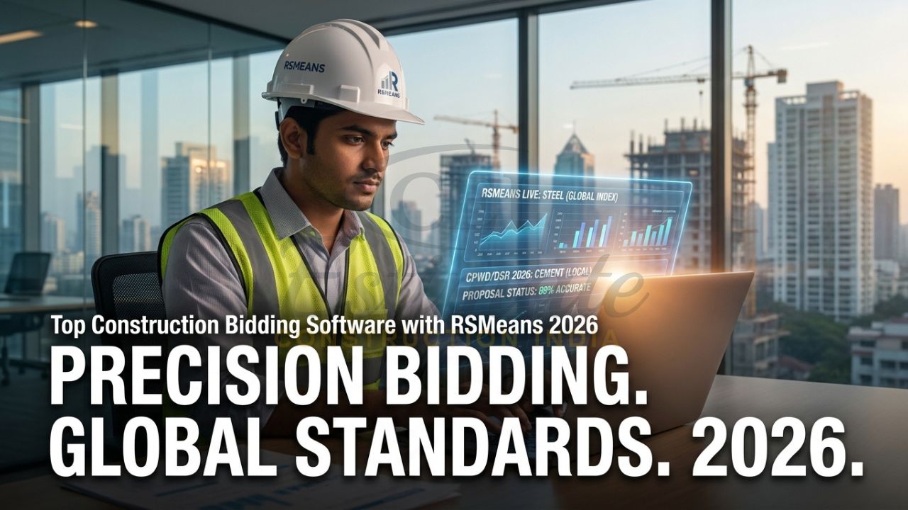 A professional Indian contractor in a safety vest reviewing a high-stakes bid on a laptop, with a holographic overlay showing RSMeans cost data, CPWD rates, and a "BID APPROVED" green glow.