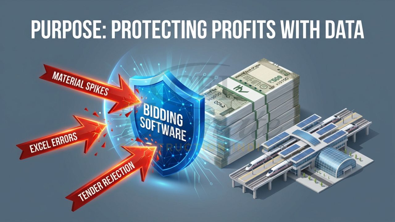 A 3D graphic showing a "Bidding Shield" protecting a stack of Indian currency from risks like "Material Price Spikes," "Manual Errors," and "Under-Quoting."