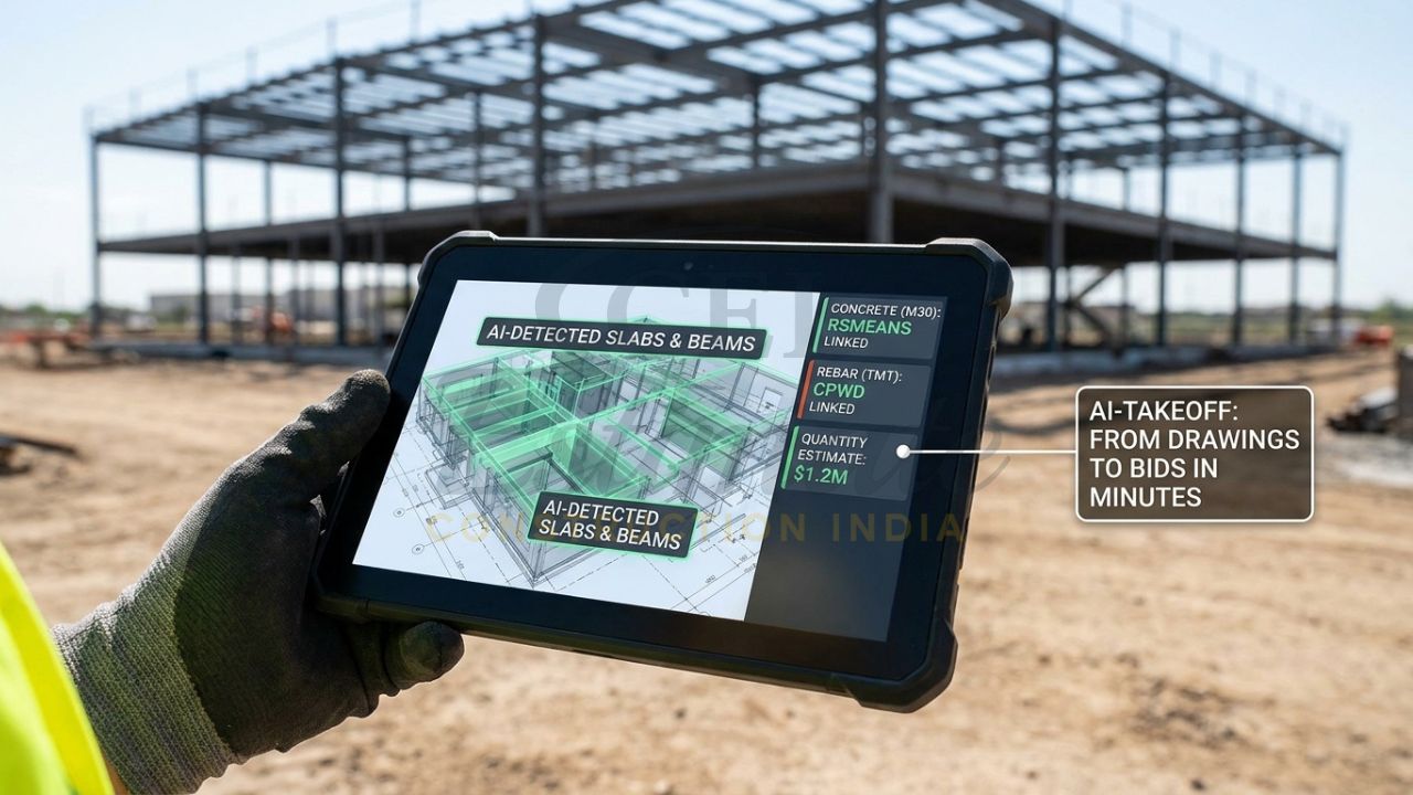 A site engineer using a mobile tablet to automatically calculate quantities from a PDF drawing, with a side-bar showing instant RSMeans cost benchmarking.