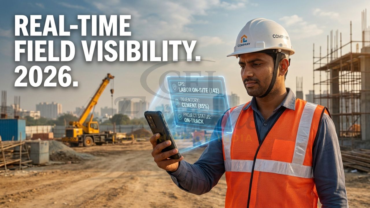 A professional Indian civil contractor in a safety vest using a mobile FSM app on-site, with a holographic dashboard showing GPS labor tracking and real-time material inventory.