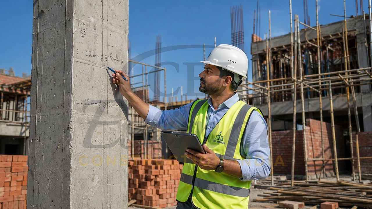 Site engineer checking RCC column reinforcement spacing and workmanship quality
