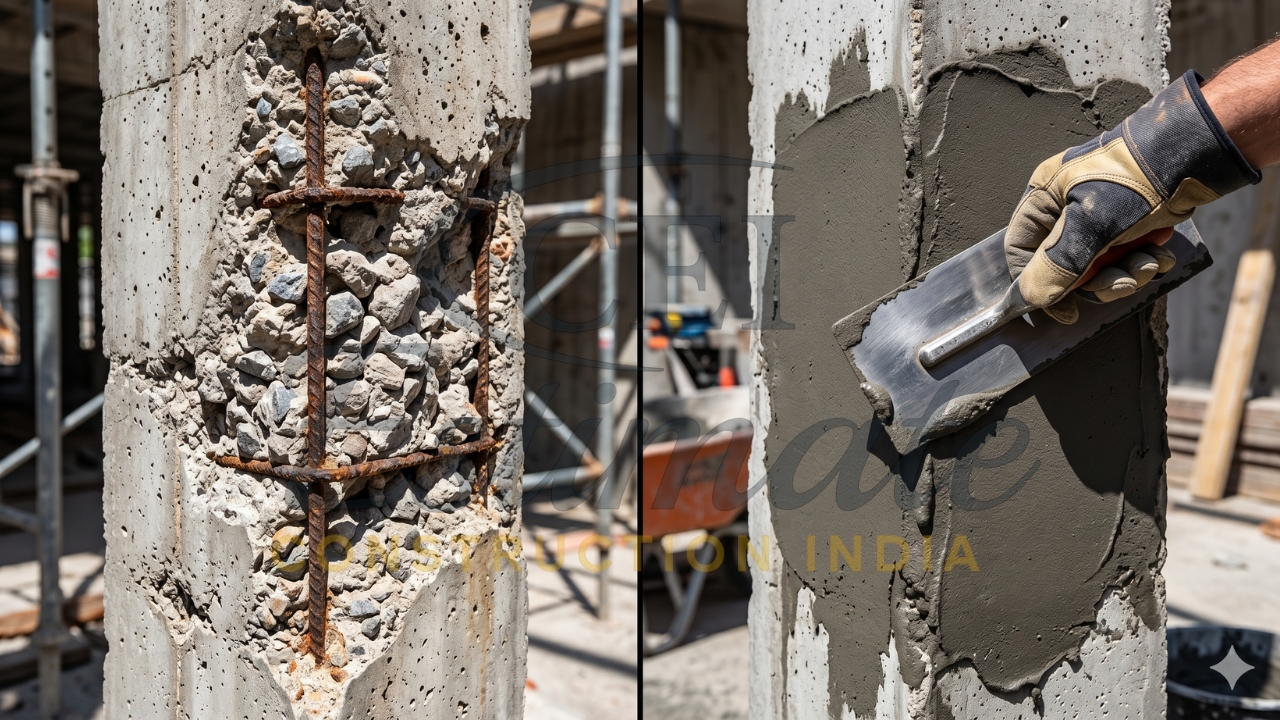 RCC column defect showing exposed aggregate and steel reinforcement with repair work