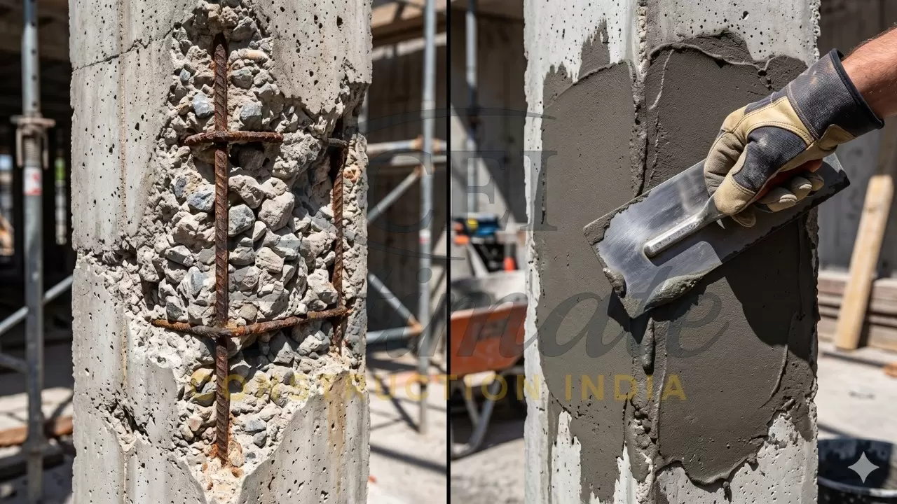 RCC column defect showing exposed aggregate and steel reinforcement with repair work
