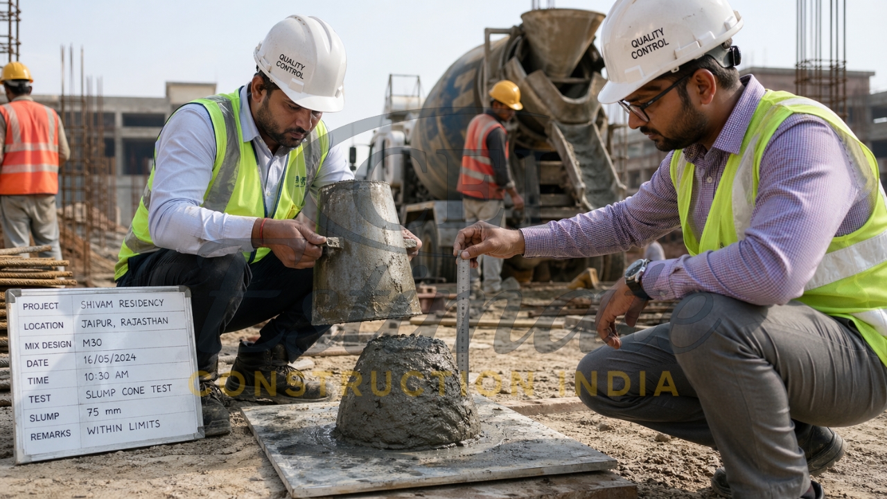 Concrete slump test on site measuring workability using slump cone