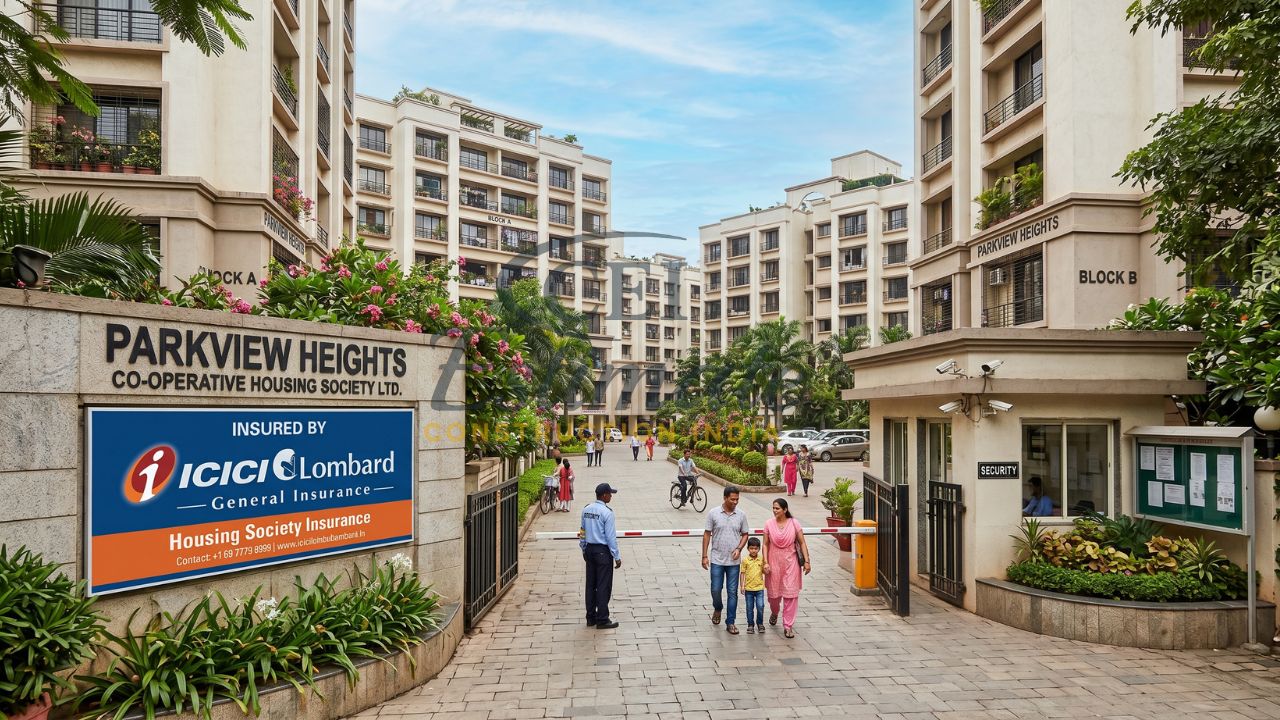 Modern housing society in India with ICICI Lombard insurance signboard showing insured residential apartments