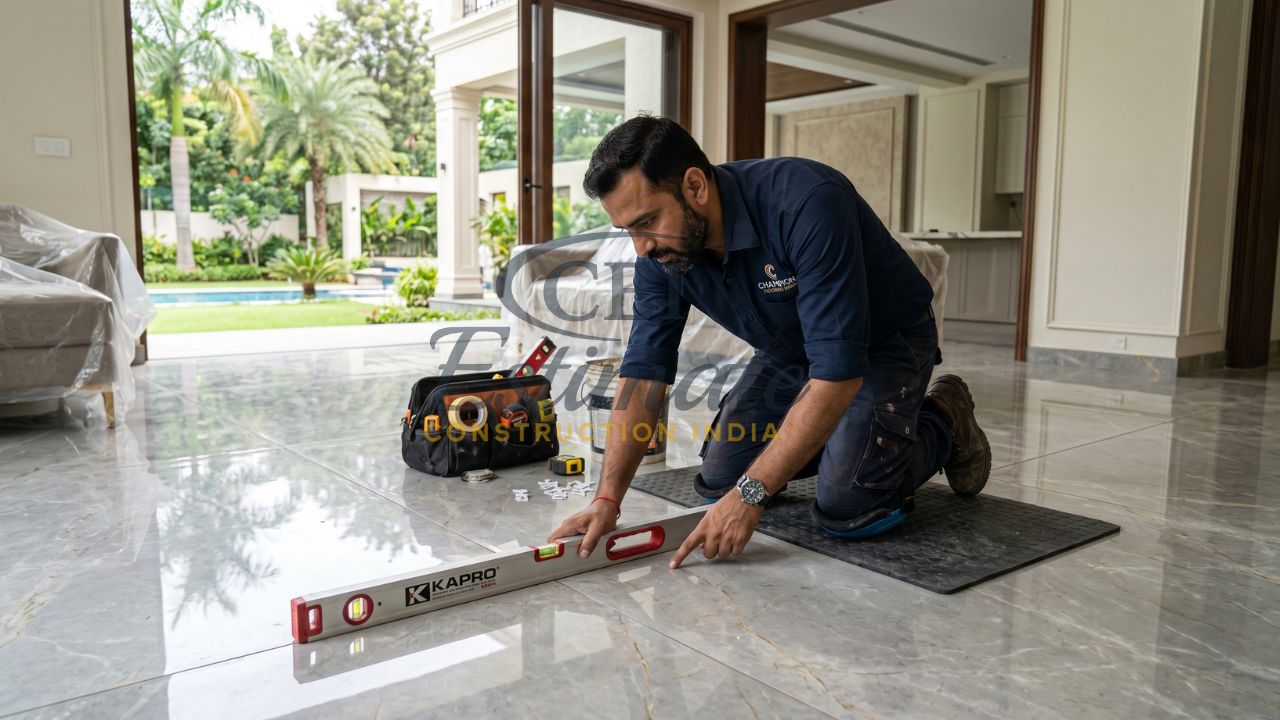 Professional flooring contractor checking tile level installation in a luxury residential home in India
