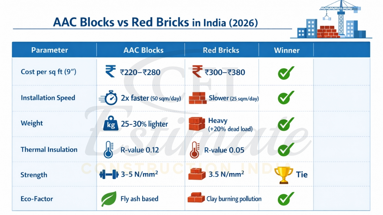 Cost comparison AAC blocks vs red brick masonry walls India 2026