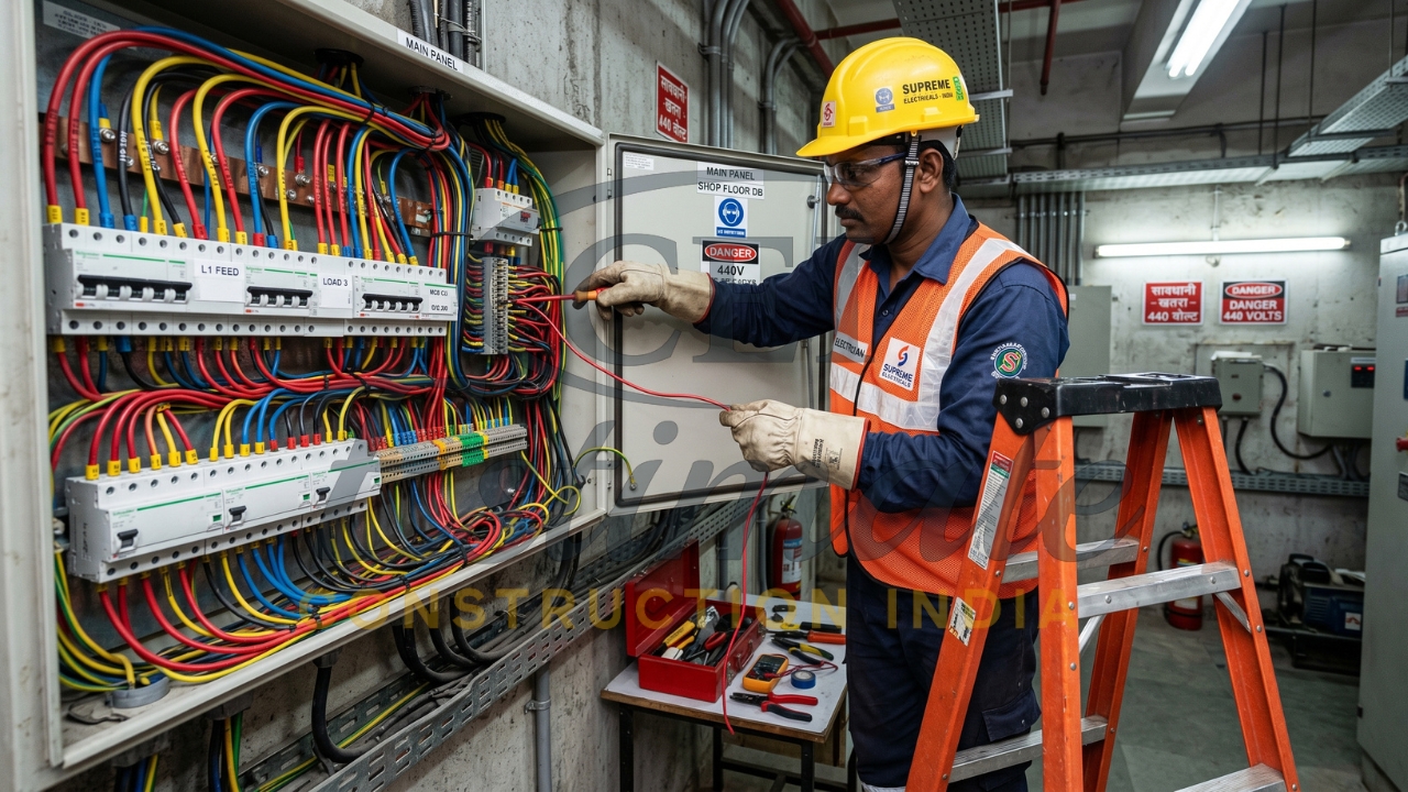 Electrician working on electrical panel wiring with safety gear in industrial setup.