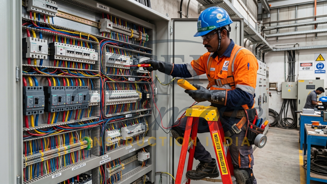 Electrician testing electrical panel with multimeter on ladder in industrial facility.