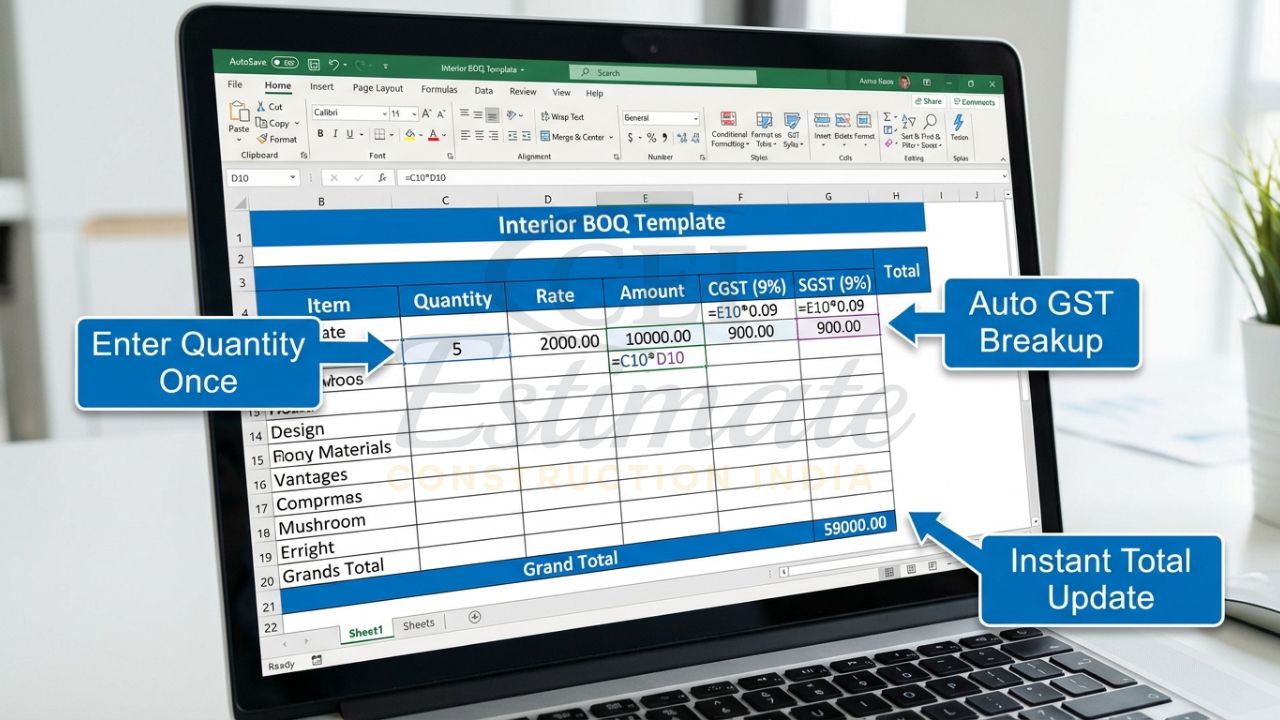 Mockup showing automatic GST and total calculation features in the interior works BOQ Excel template