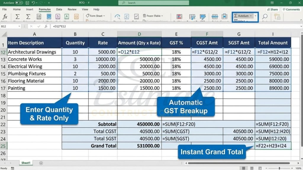 BOQ Sheet Format for Interior & Construction Works India