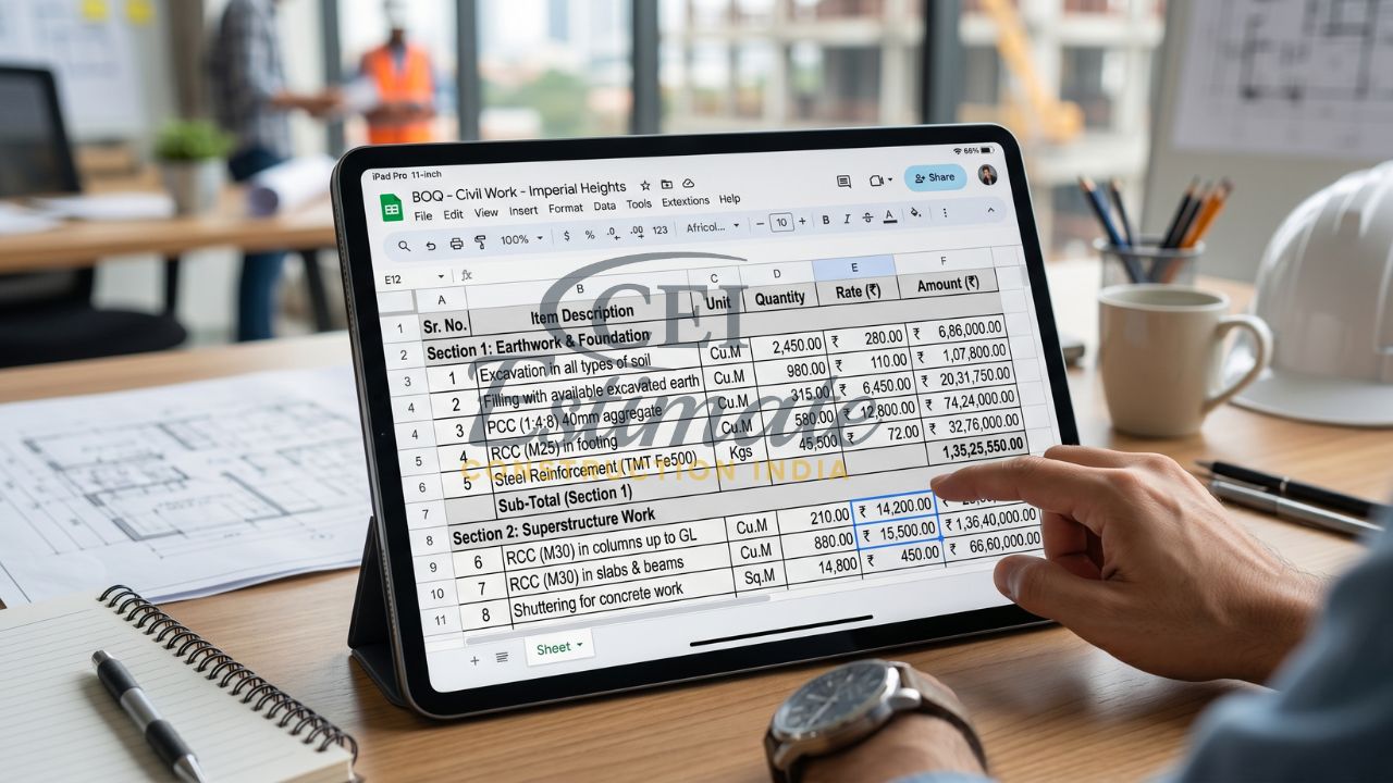 civil work BOQ template excel India excavation RCC foundation cost estimate