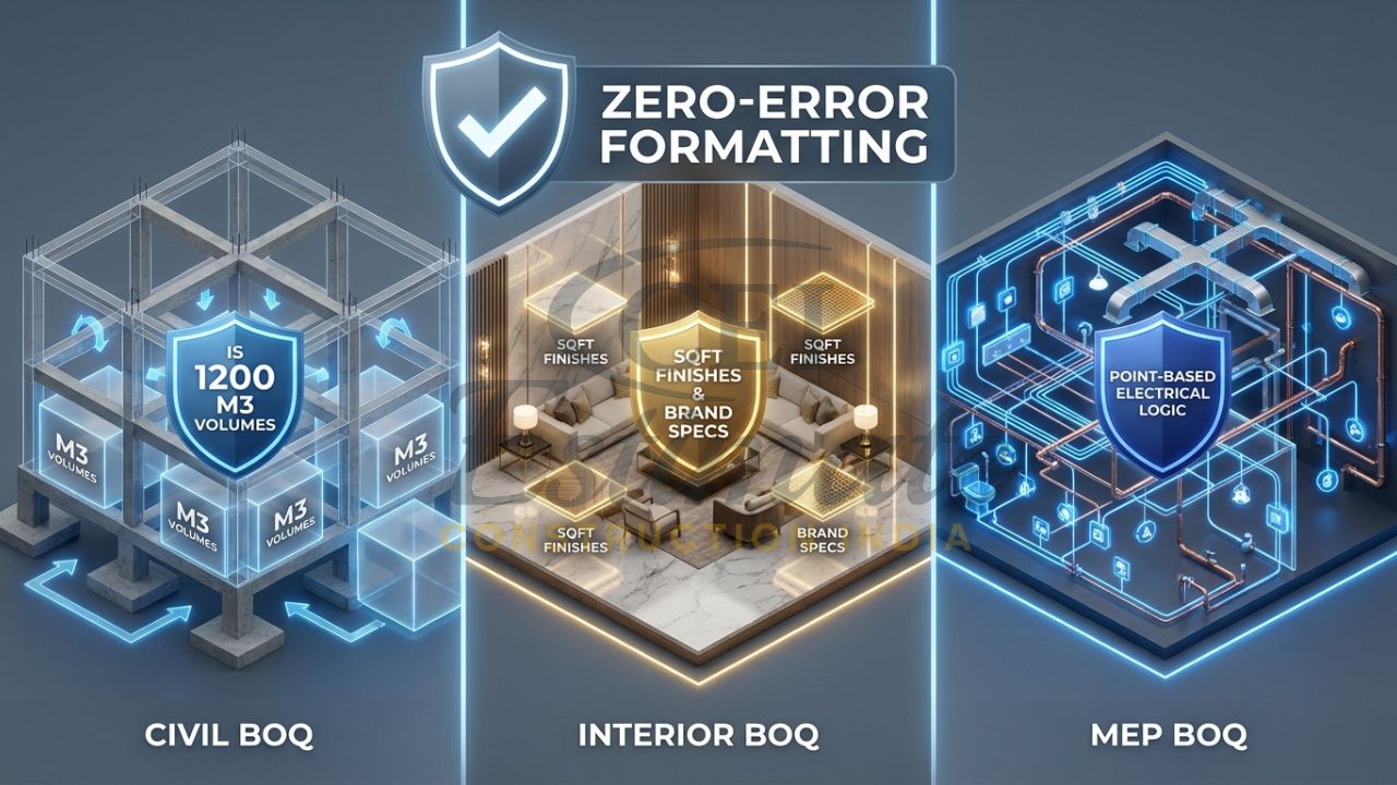 A 3D isometric split-screen infographic comparing a Civil BOQ with concrete volumes, an Interior BOQ with square-foot finishes, and an MEP BOQ with electrical point-tracking.
