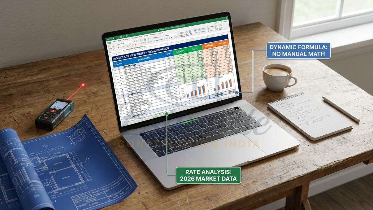 A top-down view of a slim laptop displaying an advanced Excel BOQ with automated GST formulas, rate analysis, and dynamic material takeoff sheets.