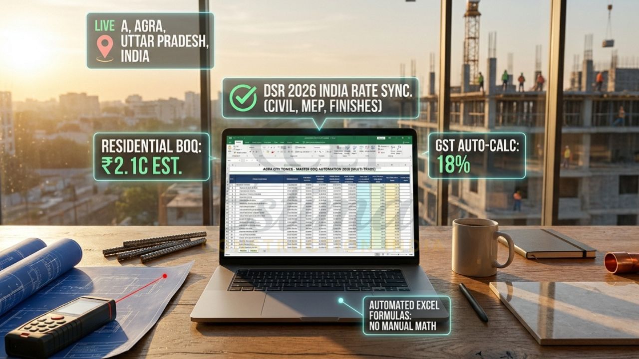A professional construction consultant's desk in Agra featuring a laptop with an automated Excel BOQ for the Agra City Tower, holographic data overlays for GST and DSR sync, and a view of a live high-rise construction site at sunset.