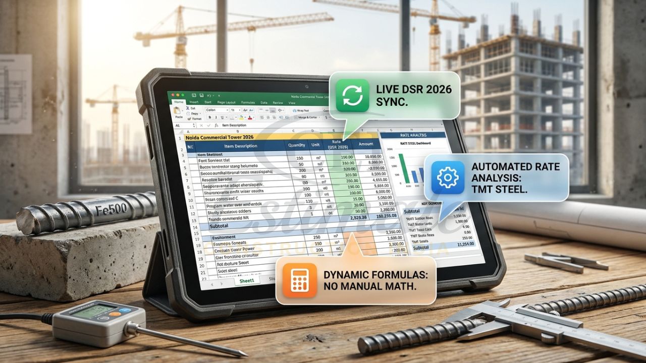 A photorealistic image of a rugged construction tablet showing a detailed 2026 Bill of Quantities (BOQ) with floating data callouts for automated rate analysis, live DSR sync, and dynamic formulas, next to TMT steel bars on a Noida construction site.