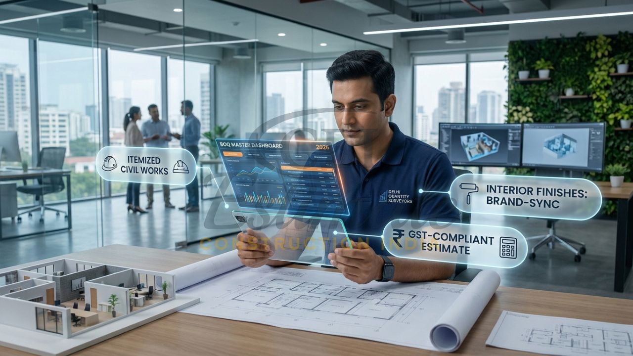 A professional Indian quantity surveyor in a modern office using a glass tablet to overlay a digital BOQ onto a 3D interior office model for a Noida project.