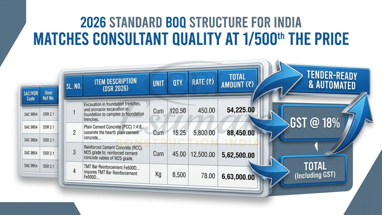 An infographic showing the standard columns of an Indian construction BOQ in Excel, including SAC/HSN codes, GST, and Unit rates per DSR 2026.