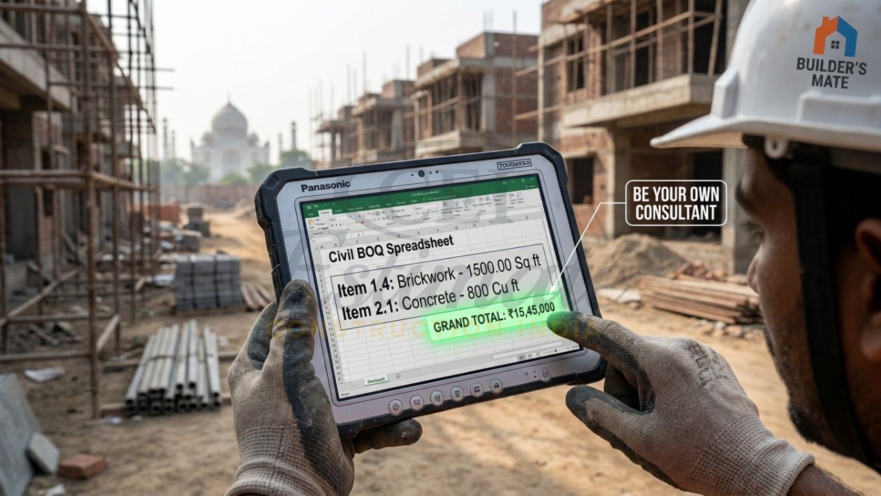 A professional Indian civil engineer in a branded hardhat using a rugged tablet on a construction site to generate an instant BOQ using an automated template.