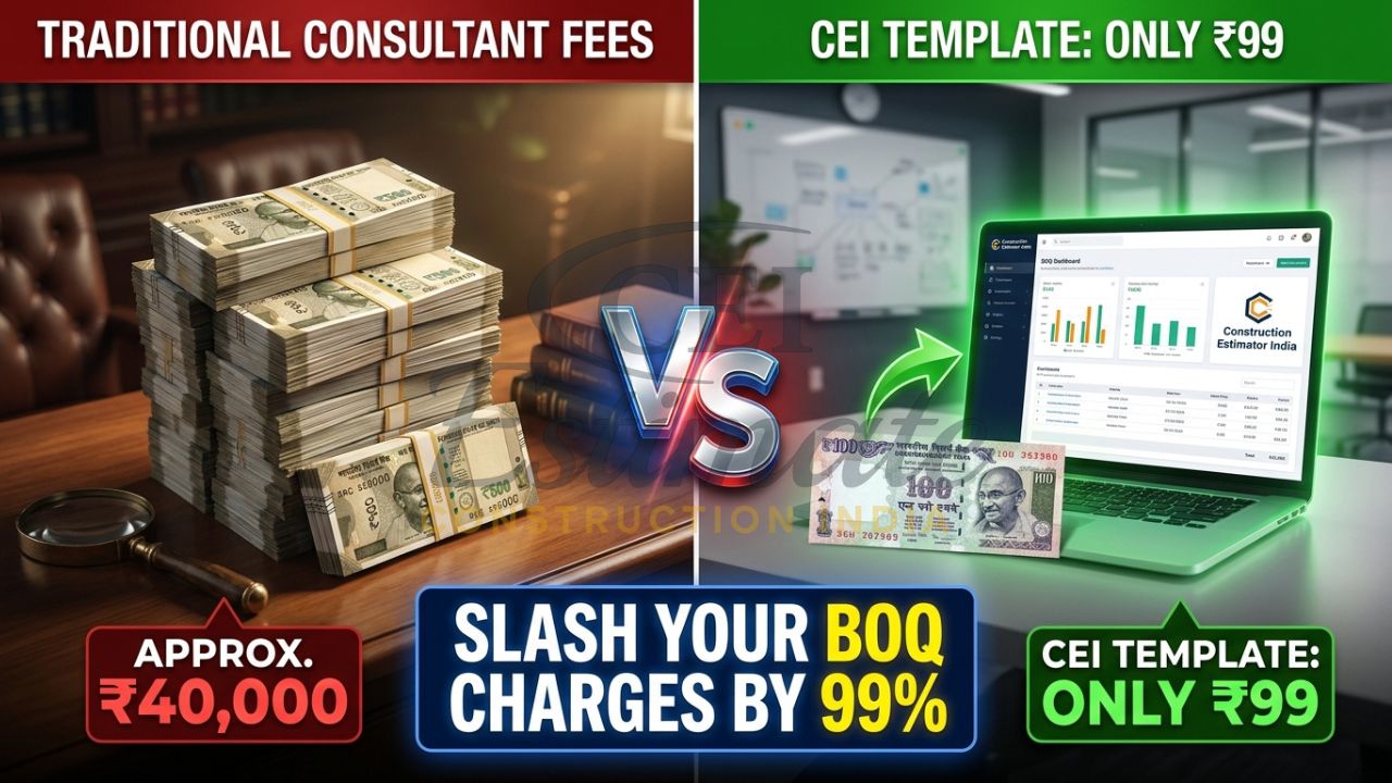 A split-screen comparison showing a stack of Indian currency representing ₹40,000 consultant fees and a single ₹100 note representing a Construction Estimator India template.